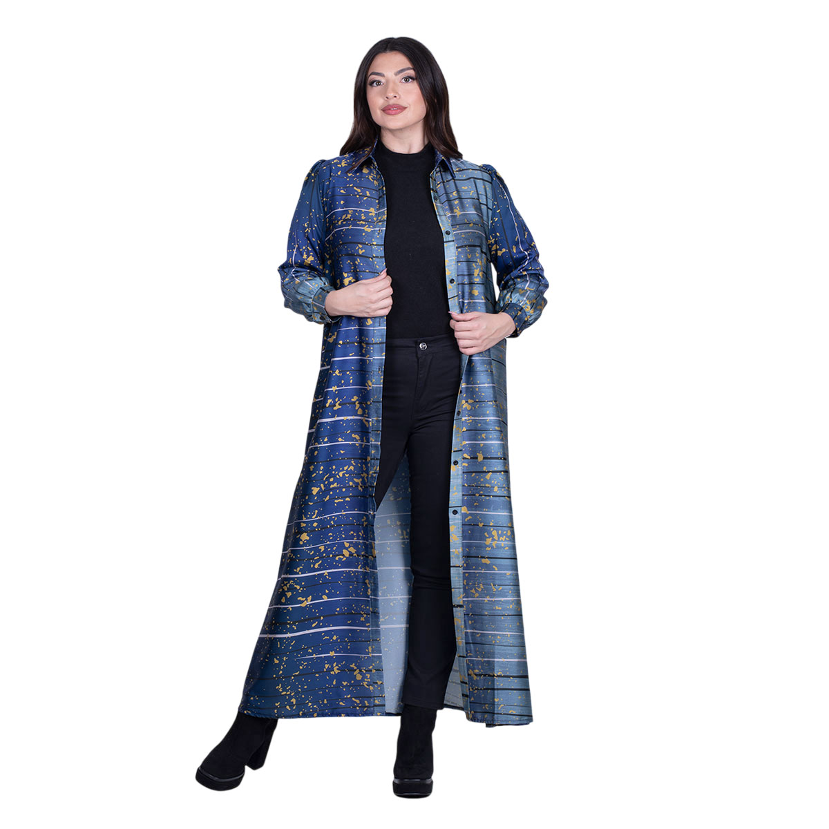 191-GUqw Platinum Πουκαμίσα - Φόρεμα Μπλε Με Κίτρινα Σχέδια Γυναικεία Μακριά Με Κουμπιά All Day Free Size - IT-191-GU - Image 1