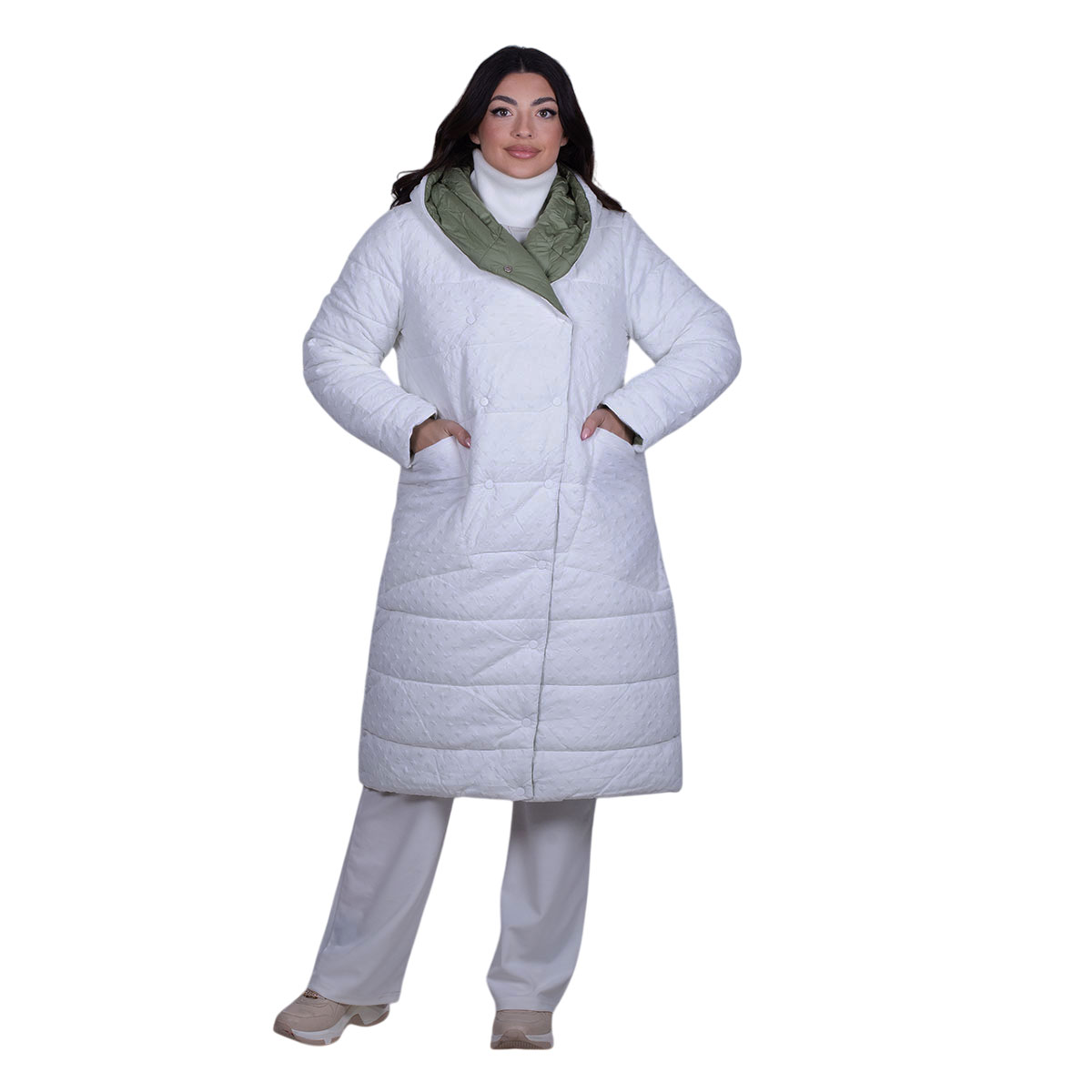 2023008qa Platinum Μπουφάν Λευκό Γυναικείο Double Face Με Κουκούλα Casual Midi All Day - 2023008 - Image 1