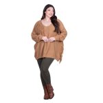 Platinum Μπλούζα Camel Γυναικεία Πλεκτή Μακριά Φαρδιά Με Ντεκολτέ & Κρόσσια Casual Free Size - 24143-CL - Image 2