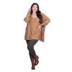 Platinum Μπλούζα Camel Γυναικεία Πλεκτή Μακριά Φαρδιά Με Ντεκολτέ & Κρόσσια Casual Free Size - 24143-CL - Image 3