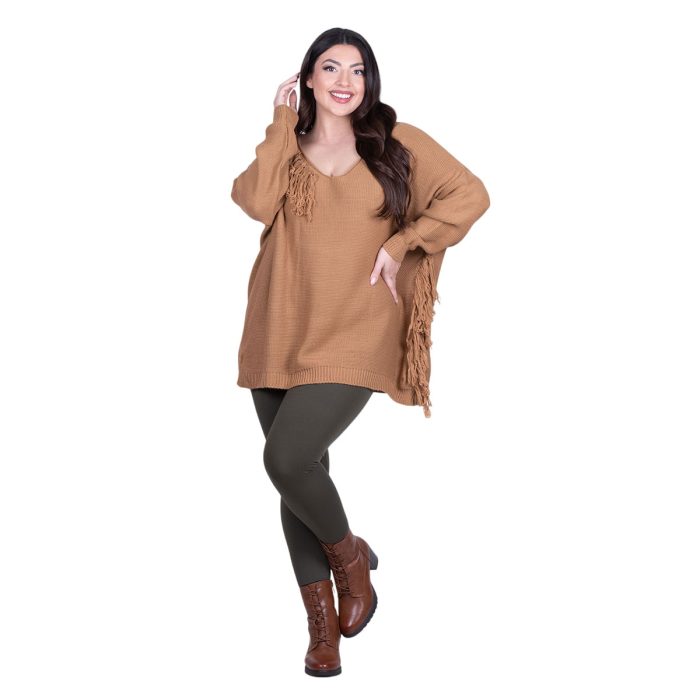 Platinum Μπλούζα Camel Γυναικεία Πλεκτή Μακριά Φαρδιά Με Ντεκολτέ & Κρόσσια Casual Free Size - 24143-CL - Image 3