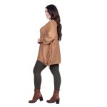 Platinum Μπλούζα Camel Γυναικεία Πλεκτή Μακριά Φαρδιά Με Ντεκολτέ & Κρόσσια Casual Free Size - 24143-CL - Image 4