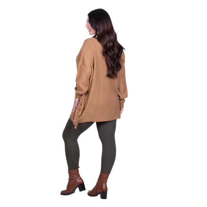 Platinum Μπλούζα Camel Γυναικεία Πλεκτή Μακριά Φαρδιά Με Ντεκολτέ & Κρόσσια Casual Free Size - 24143-CL - Image 5