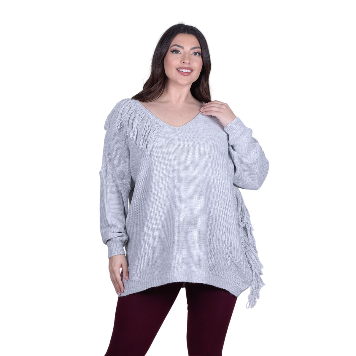 Platinum Μπλούζα Γκρι Γυναικεία Πλεκτή Μακριά Φαρδιά Με Ντεκολτέ & Κρόσσια Casual Free Size - 24143-GE