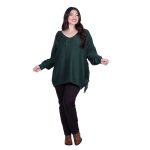 Platinum Μπλούζα Πράσινη Γυναικεία Πλεκτή Μακριά Φαρδιά Με Ντεκολτέ & Κρόσσια Casual Free Size - 24143-GR - Image 2