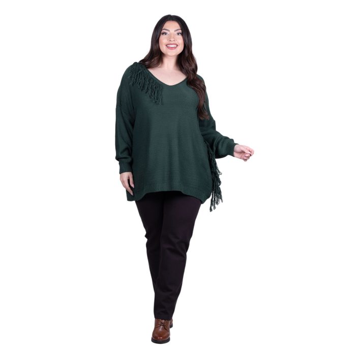 Platinum Μπλούζα Πράσινη Γυναικεία Πλεκτή Μακριά Φαρδιά Με Ντεκολτέ & Κρόσσια Casual Free Size - 24143-GR - Image 3