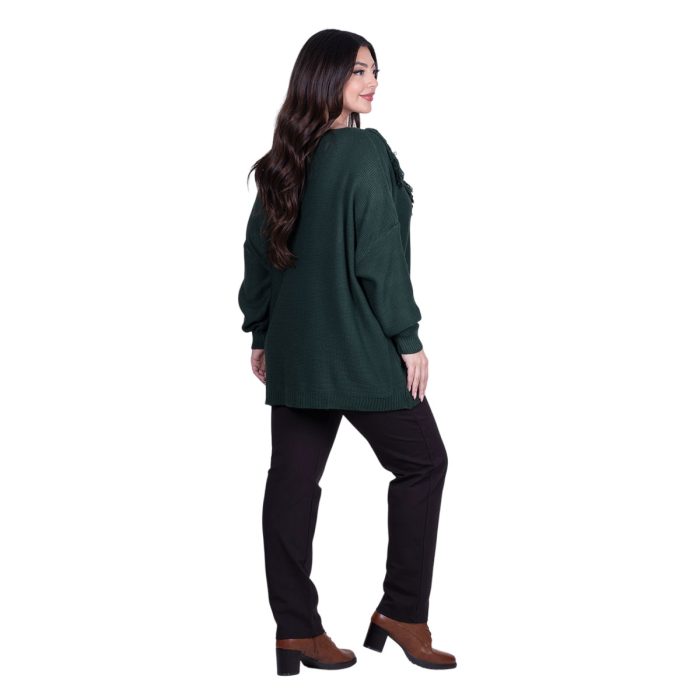 Platinum Μπλούζα Πράσινη Γυναικεία Πλεκτή Μακριά Φαρδιά Με Ντεκολτέ & Κρόσσια Casual Free Size - 24143-GR - Image 4