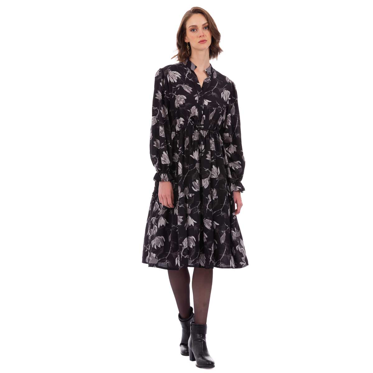 257-GU-BC Platinum Φόρεμα Μαύρο Με Γκρι Floral Σχέδια Γυναικείο Νεανικό Εβαζέ Midi All Day Free Size - 257-GU-BC - Image 1