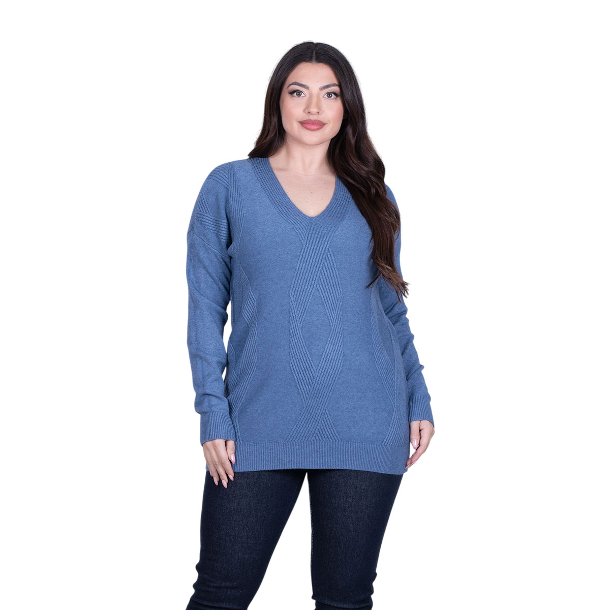 3283-BL Platinum Μπλούζα Ραφ - Μπλε Γυναικεία Μακριά Με Ντεκολτέ Πλεκτή All Day Free Size - 3283-BL - Image 1