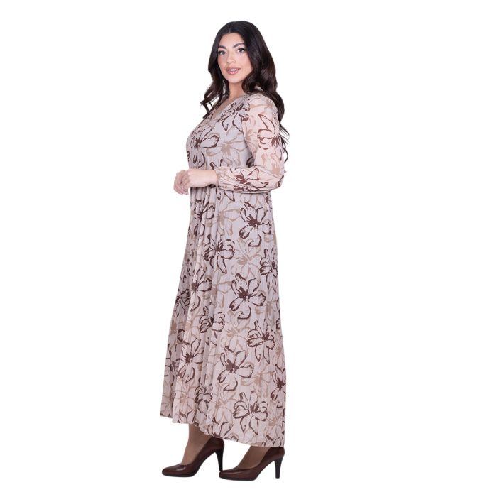 Platinum Φόρεμα Μπεζ Με Καφέ Floral Σχέδιο Γυναικείο Πλισέ All Day Free Size - 3574-B - Image 3