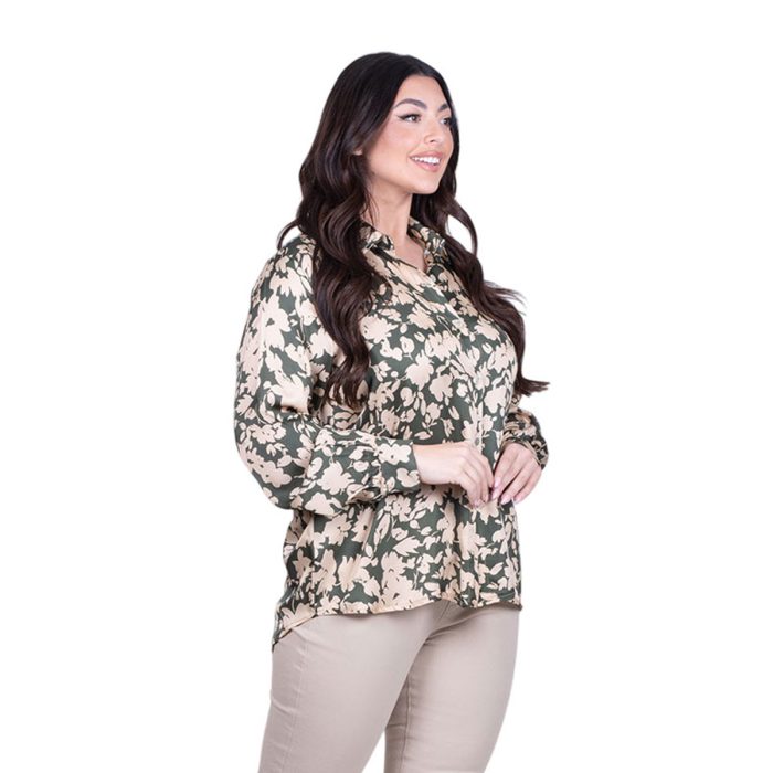 Platinum Πουκάμισο Χακί Με Εκρού Print Γυναικείο Mακρυμάνικο All Day Free Size – 5268-6C - Image 3