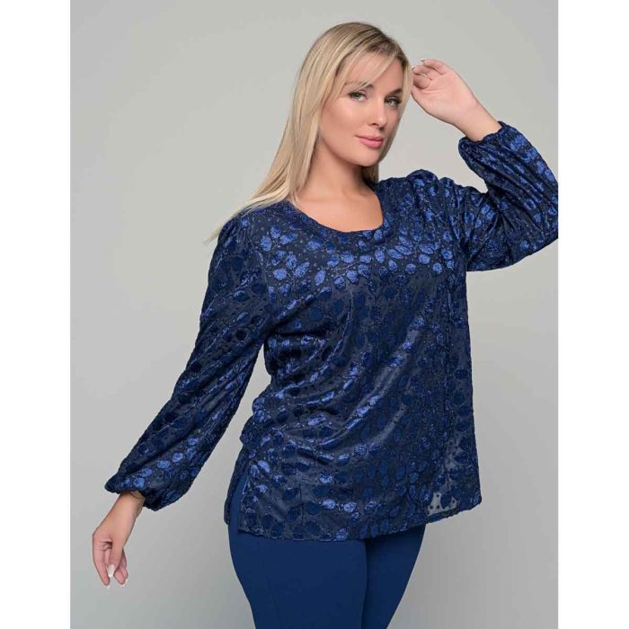 Gomore Μπλούζα Μπλε Γυναικεία Βελούδο Με Ανάγλυφα Σχέδια Βραδινή XXL - GM-56201 - Image 4