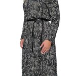 Gomore Φόρεμα Ασπρόμαυρο Γυναικείο Με Σχέδια Ζέμπρα Γιακά Μidi Ίσια Γραμμή & Ζώνη - BC-56766 - Image 5