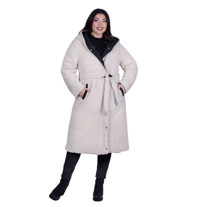 Platinum Μπουφάν Λευκό Γυναικείο Πρόβατο Double Face Με Κουκούλα & Ζώνη Casual Midi All Day - 8568-W