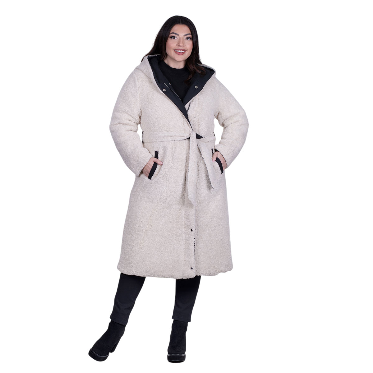 8568-W Platinum Μπουφάν Λευκό Γυναικείο Πρόβατο Double Face Με Κουκούλα & Ζώνη Casual Midi All Day - 8568-W - Image 1