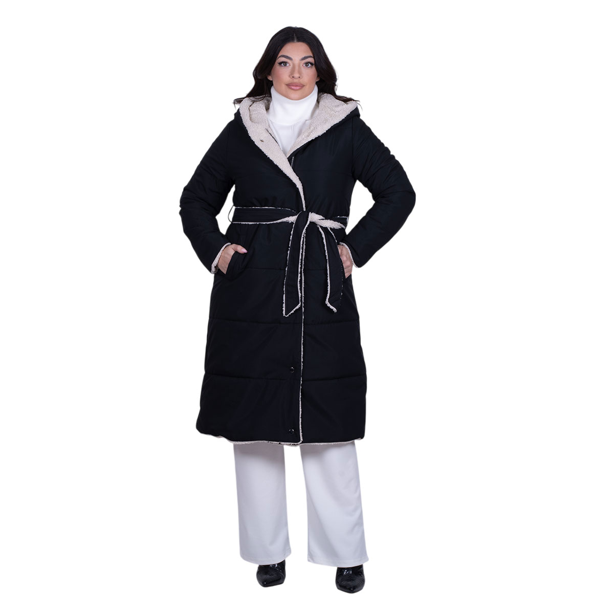 8568c Platinum Μπουφάν Μαύρο Γυναικείο Double Face Με Κουκούλα & Ζώνη Casual Midi All Day - 8568 - Image 1