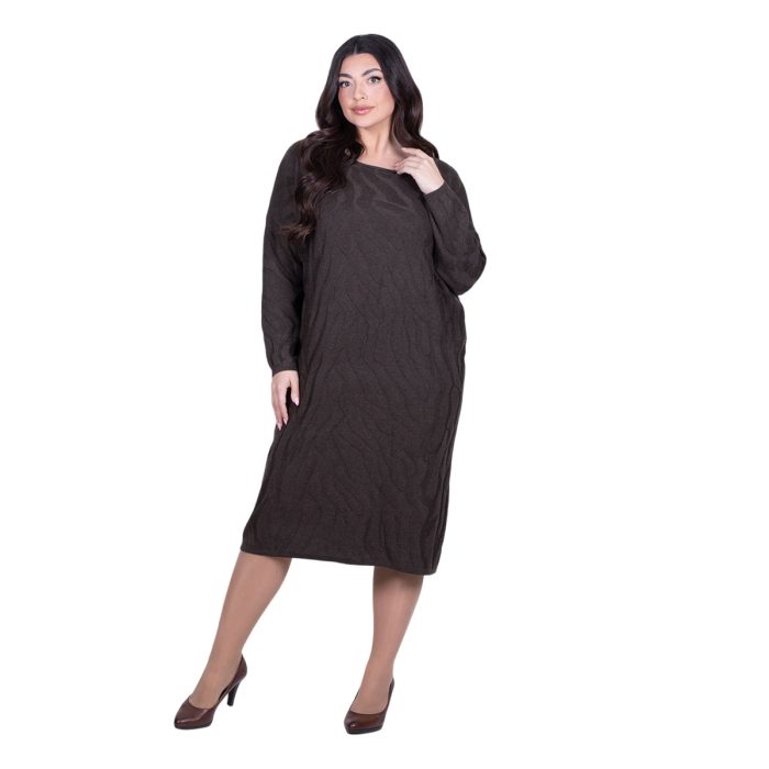 Platinum Φόρεμα Dark Chocolate Γυναικείο Πλεκτό Με Ανάγλυφα Σχέδια Casual Εβαζέ Midi All Day Free Size - 8595-DR - Image 3