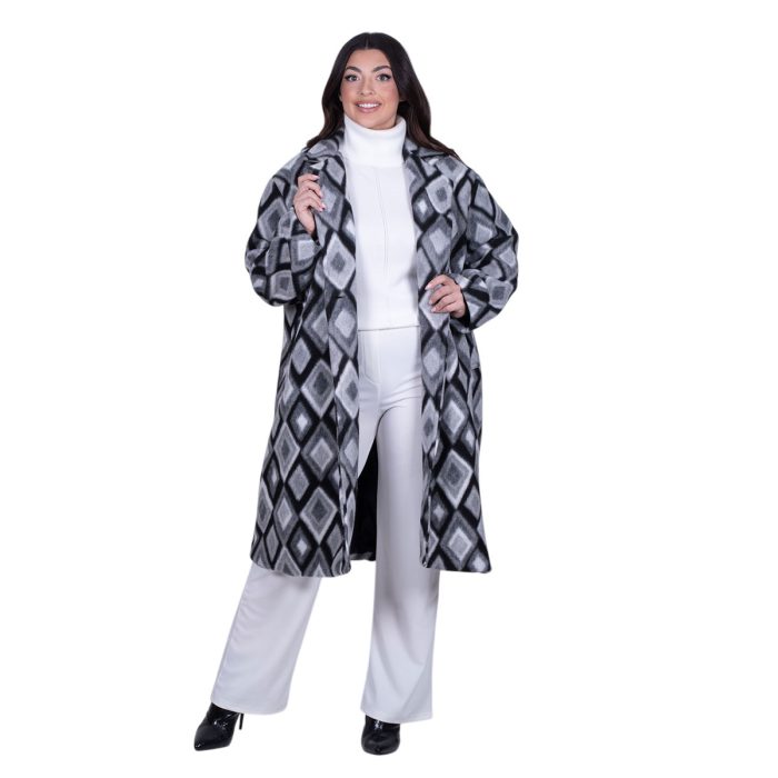 Platinum Παλτό Ασπρόμαυρο Γυναικείο Με Σχέδιο Ρόμβους All Day Free Size - BC-52637 - Image 3