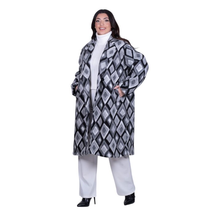 Platinum Παλτό Ασπρόμαυρο Γυναικείο Με Σχέδιο Ρόμβους All Day Free Size - BC-52637 - Image 4