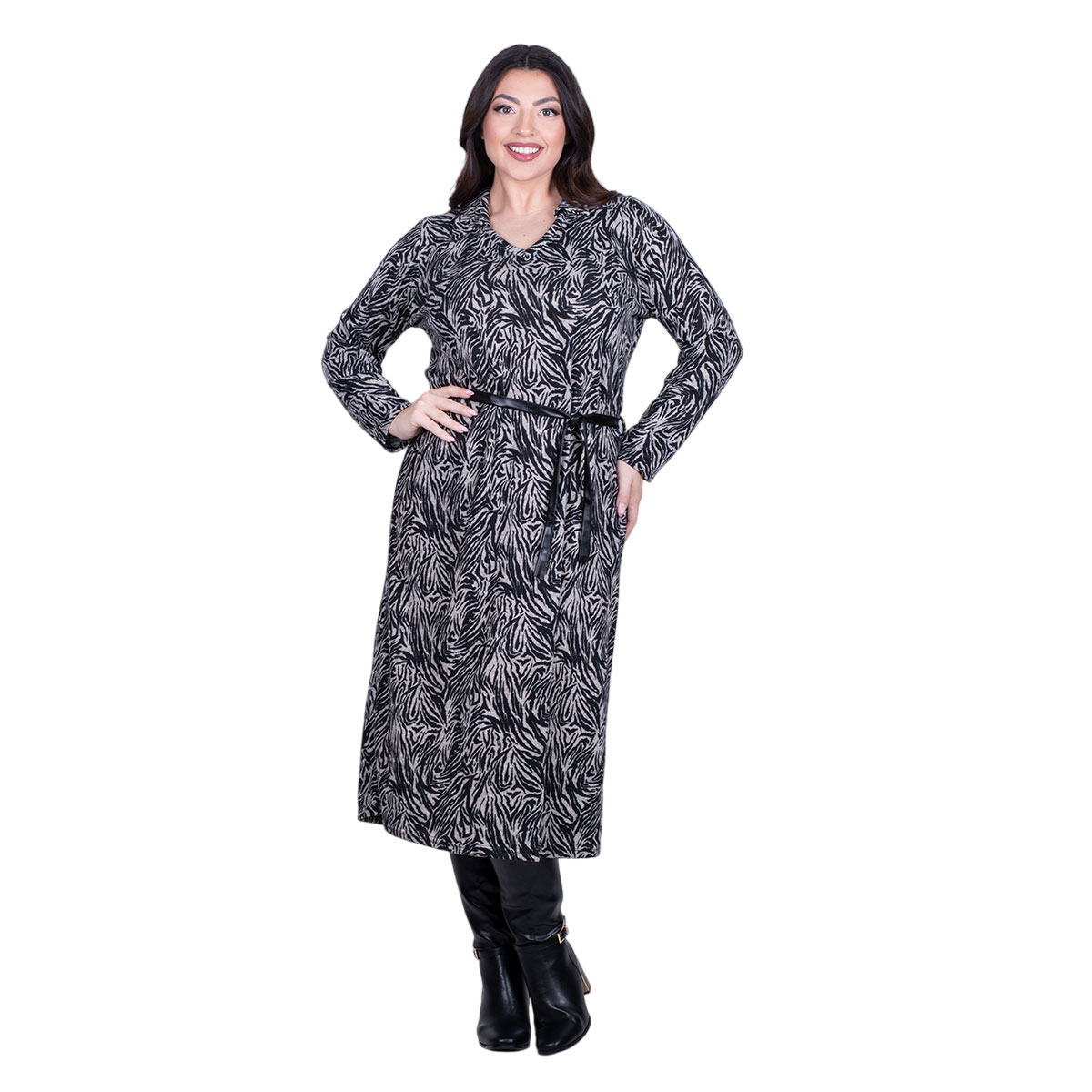 BC-56766nf Gomore Φόρεμα Ασπρόμαυρο Γυναικείο Με Σχέδια Ζέμπρα Γιακά Μidi Ίσια Γραμμή & Ζώνη - BC-56766 - Image 1