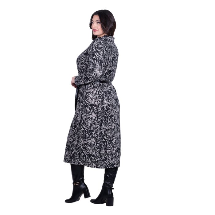 Gomore Φόρεμα Ασπρόμαυρο Γυναικείο Με Σχέδια Ζέμπρα Γιακά Μidi Ίσια Γραμμή & Ζώνη - BC-56766 - Image 3