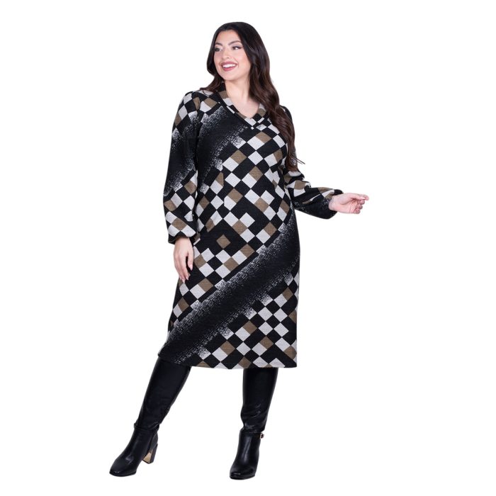 Gomore Φόρεμα Μαύρο Με Λαδί & Εκρού Γεωμετρικά Σχέδια Γυναικείο Μidi Σε Ίσια Γραμμή - BC-56769 - Image 3