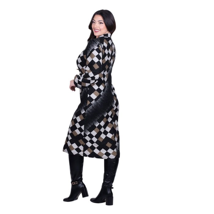 Gomore Φόρεμα Μαύρο Με Λαδί & Εκρού Γεωμετρικά Σχέδια Γυναικείο Μidi Σε Ίσια Γραμμή - BC-56769 - Image 5