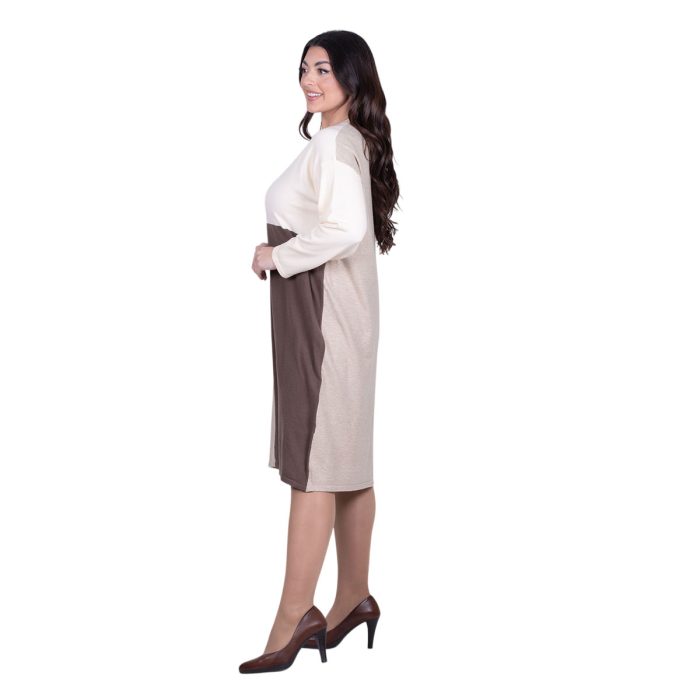 Fairyland Φόρεμα Μπεζ Με Σοκολά & Εκρού Γυναικείο Πλεκτό Μidi Casual All Day Free Size - FM-1062-MS - Image 3