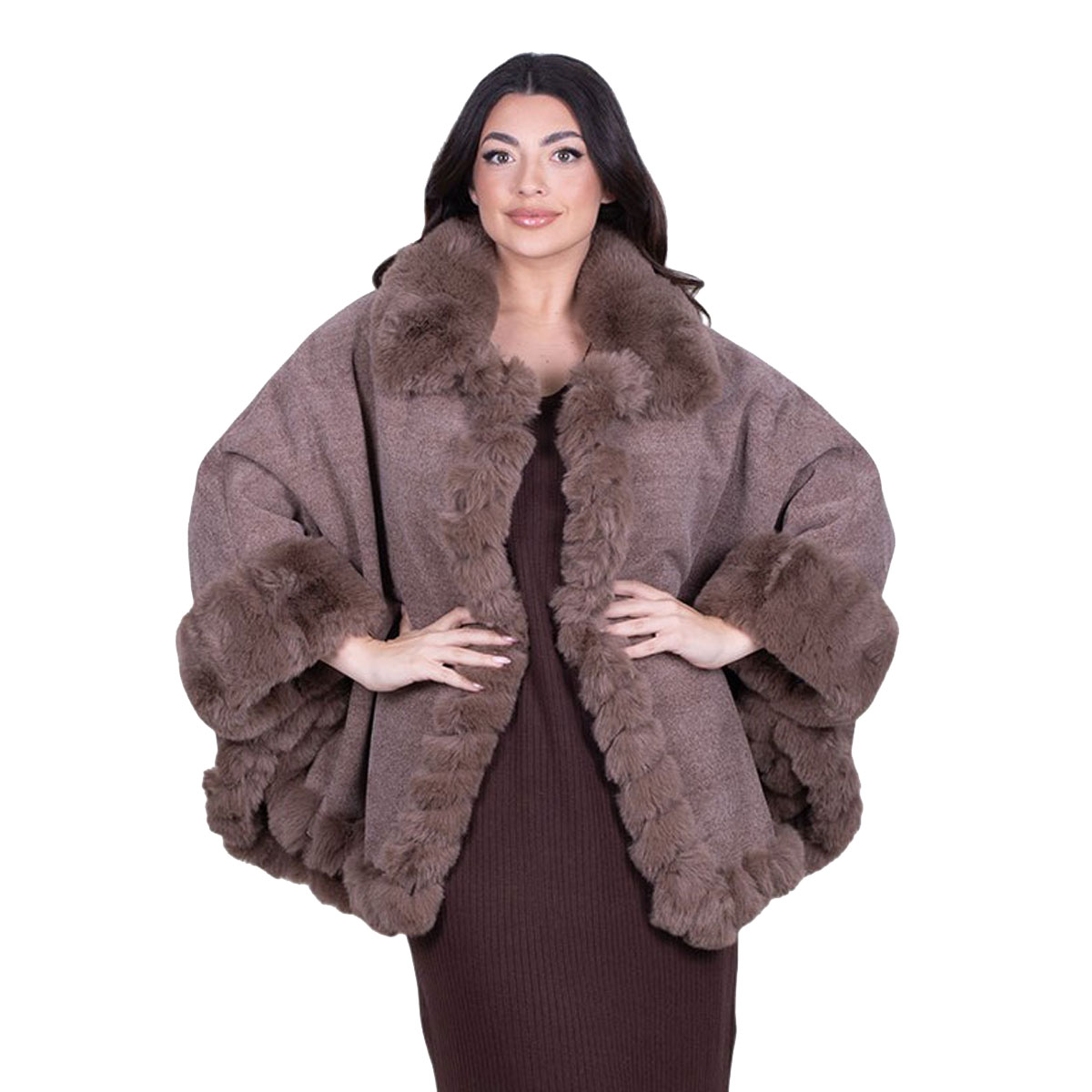 Fairyland Κάπα Καφέ Γυναικεία Με Οικολογική Γούνα All Day Free Size - FM-30985-ΒR