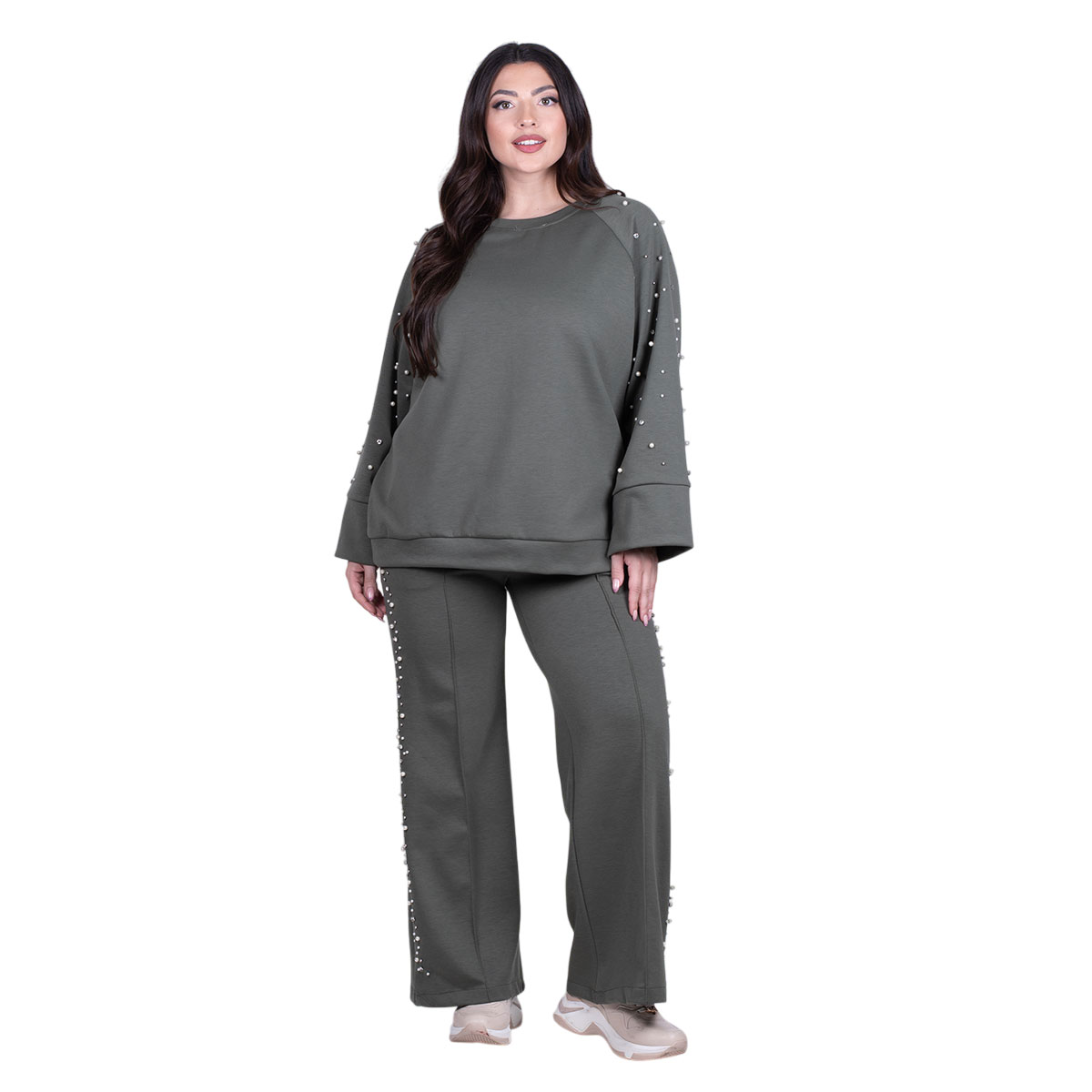 Fairyland Σετ Παντελόνα - Μπλούζα Λαδί Γυναικείο Με Strass & Πέρλες Casual All Day Free Size - FM-6001-GR