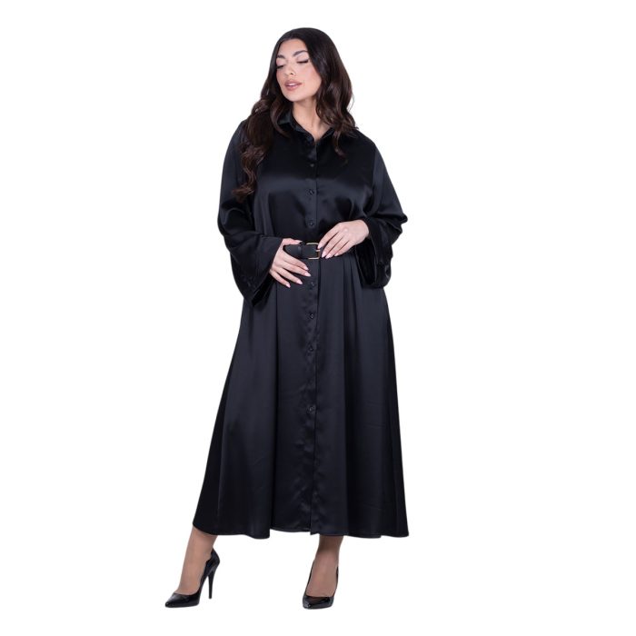 Fairyland Φόρεμα Μαύρο Γυναικείο Σατινέ Με Κουμπιά Μακρύ Άλφα Γραμμή All Day Free Size - FM-7275-BC - Image 4