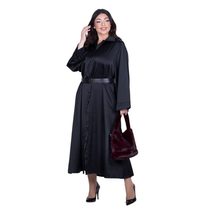 Fairyland Φόρεμα Μαύρο Γυναικείο Σατινέ Με Κουμπιά Μακρύ Άλφα Γραμμή All Day Free Size - FM-7275-BC - Image 5