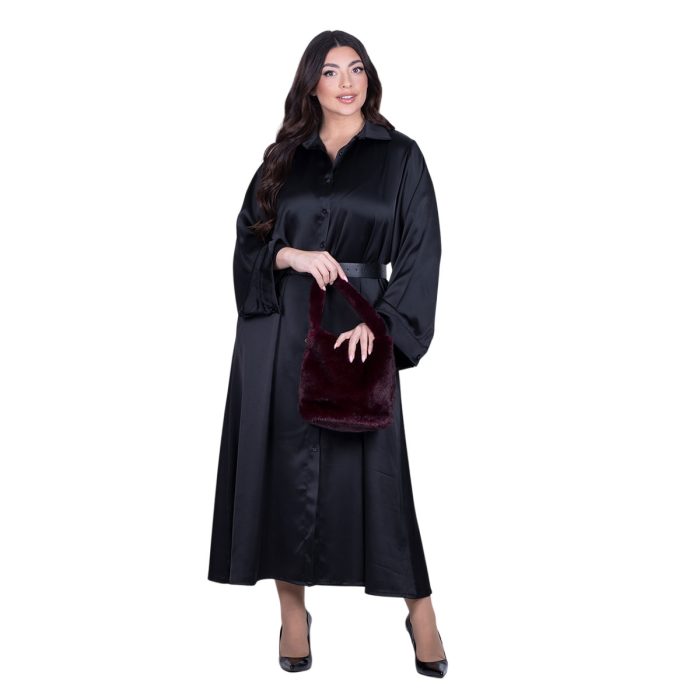 Fairyland Φόρεμα Μαύρο Γυναικείο Σατινέ Με Κουμπιά Μακρύ Άλφα Γραμμή All Day Free Size - FM-7275-BC - Image 7