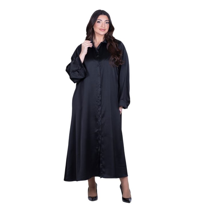 Fairyland Φόρεμα Μαύρο Γυναικείο Σατινέ Με Κουμπιά Μακρύ Άλφα Γραμμή All Day Free Size - FM-7275-BC - Image 8