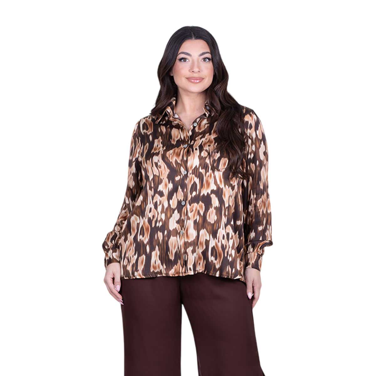 Platinum Πουκάμισο Γήινο Με Animal Print Γυναικείο Mακρυμάνικο All Day Free Size – FS5268-1