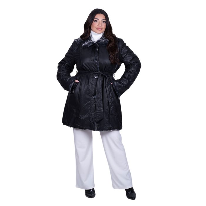 Gomore Ημίπαλτο Ανθρακί Γυναικείο Γούνινο Οικολογικό Με Κουκούλα Double Face All Day - GM-24415-BC - Image 6