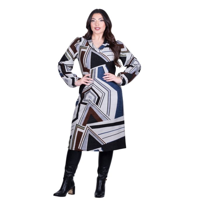 Gomore Φόρεμα Γκρι Με Πολύχρωμα Γεωμετρικά Σχέδια Γυναικείο Μidi Σε Ίσια Γραμμή - GM-56769-G - Image 3