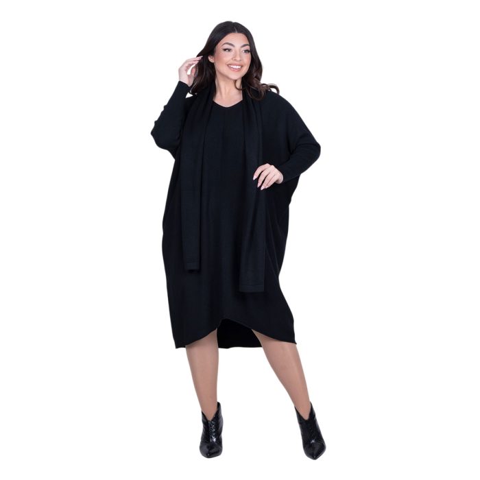 Platinum Φόρεμα Μαύρο Γυναικείο Casual Φαρδύ Midi Σετ Με Κασκόλ All Day Free Size - IT-036-42-BC - Image 4