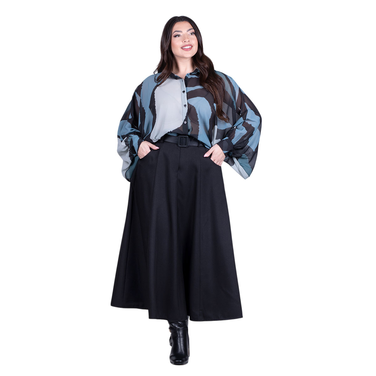 IT-3078-BCna Platinum Φούστα Μαύρη Γυναικεία Mακριά Klos Εβαζέ Με Ζώνη Καθημερινή Free Size - IT-3078-BC - Image 1