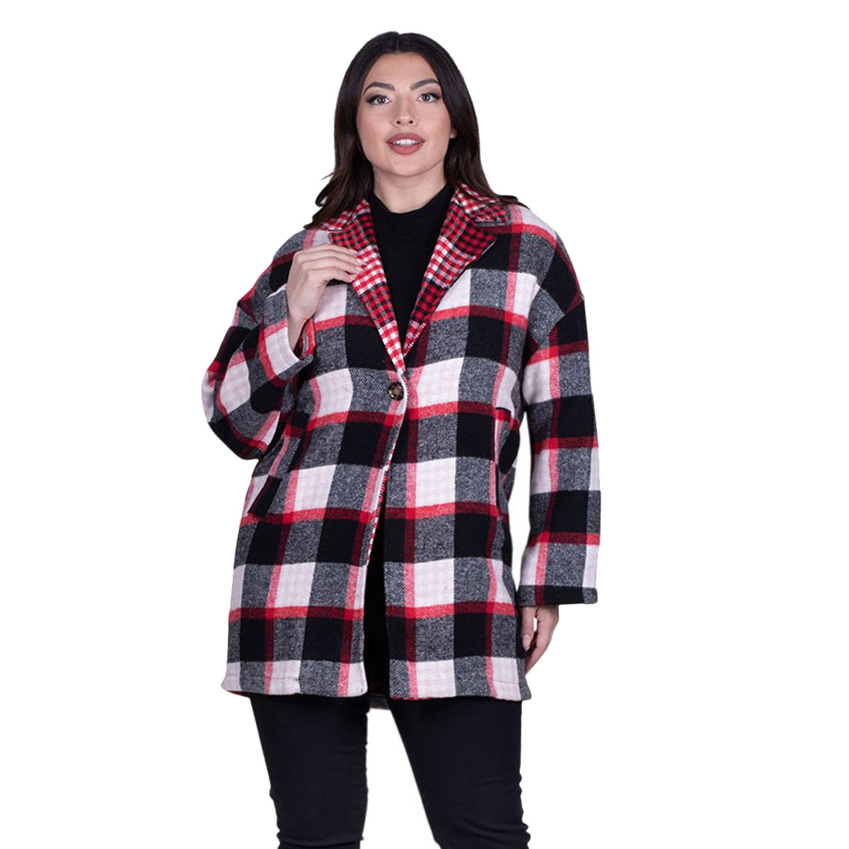 IT-3105-Rq Platinum Πουκάμισο - Πανωφόρι Κόκκινο Με Καρό Γυναικείο Βαμβακερό Casual All Day Free Size - IT-3105-R - Image 1