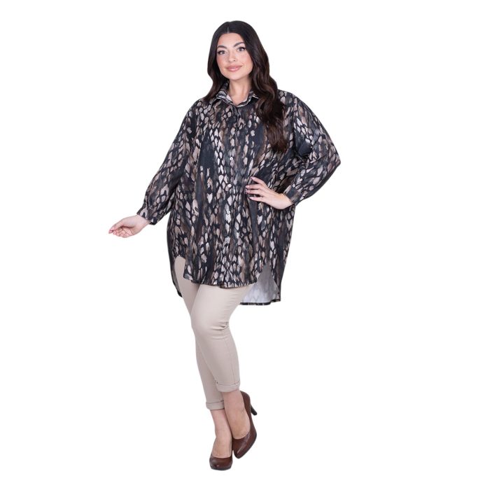 Platinum Πουκάμισο Γήινο Με Εκρού Σχέδια Γυναικείο Mακρυμάνικο Μακρύ Casual All Day Free Size - IT-4951-52 - Image 3