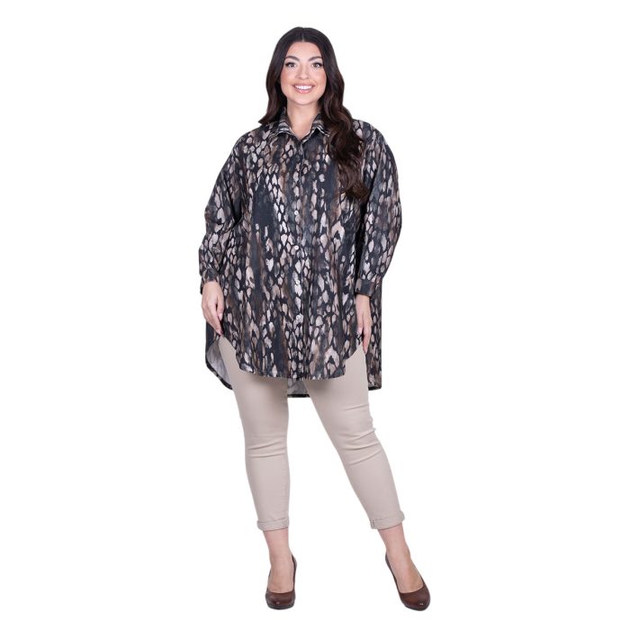 Platinum Πουκάμισο Γήινο Με Εκρού Σχέδια Γυναικείο Mακρυμάνικο Μακρύ Casual All Day Free Size - IT-4951-52 - Image 5