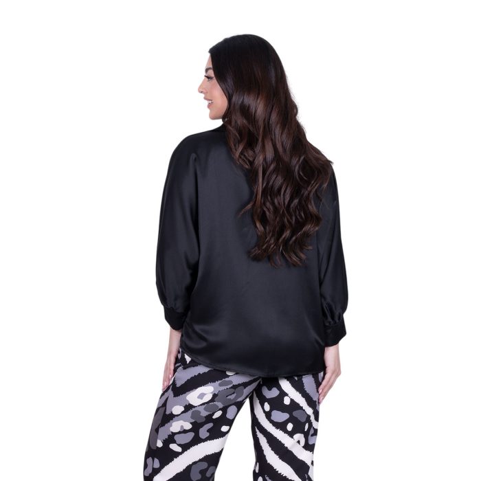 Platinum Πουκάμισο Μαύρο Γυναικείο Σατινέ Μακρύ Με Γιακά All Day Free Size - IT-5337-42-B - Image 4