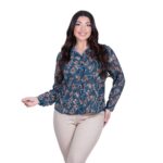 Platinum Πουκάμισο Μπλε Με Floral Print Γυναικείο Mακρυμάνικο All Day Free Size - IT-6553