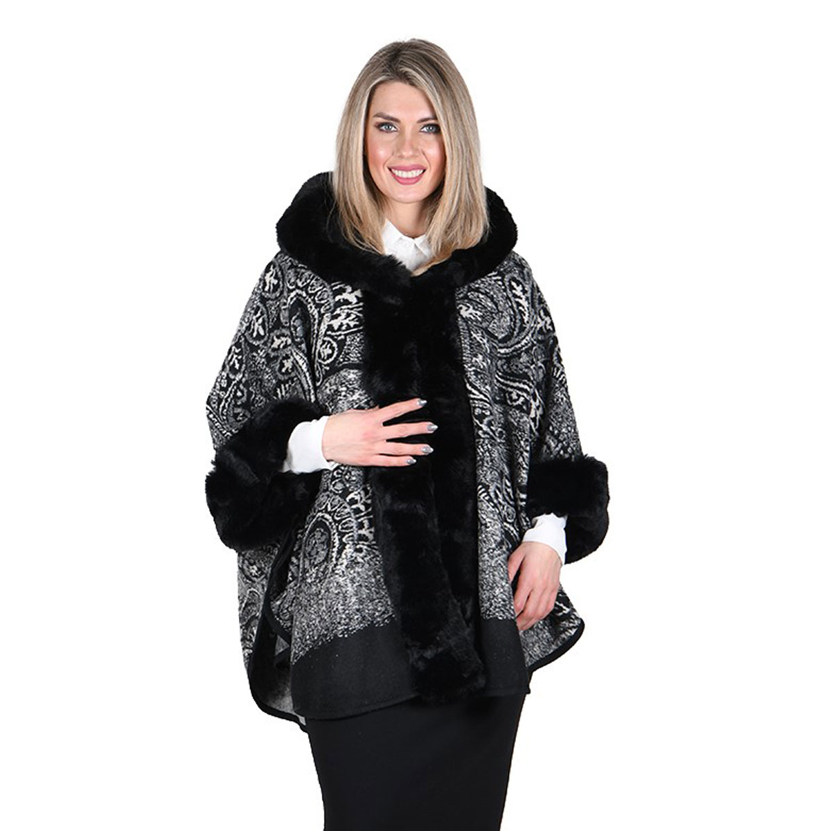 Fairyland Κάπα Μαύρη Με Σχέδια Γυναικεία Οικολογική Γούνα & Κουκούλα All Day Free Size - MF-538