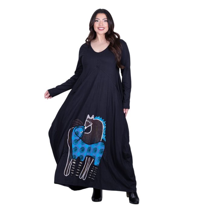 Platinum Φόρεμα Μαύρο Γυναικείο Απλικέ Maxi ''Ερωτευμένα Άλογα Patchwork'' All Day - PL-233-BC - Image 3