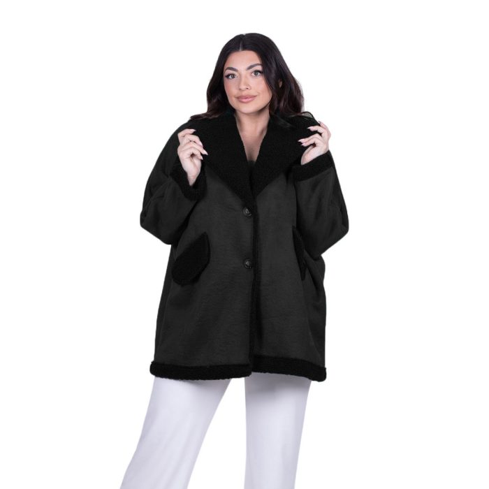 Platinum Ημίπαλτο Μαύρο Γυναικείο Μουτόν Γυναικείο Με Γούνα Casual All Day Free Size - 06079-BC