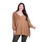 Platinum Μπλούζα Camel Γυναικεία Πλεκτή Μακριά Φαρδιά Με Ντεκολτέ & Κρόσσια Casual Free Size - 24143-CL