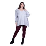 Platinum Μπλούζα Γκρι Γυναικεία Πλεκτή Μακριά Φαρδιά Με Ντεκολτέ & Κρόσσια Casual Free Size - 24143-GE - Image 2