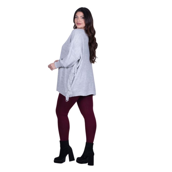 Platinum Μπλούζα Γκρι Γυναικεία Πλεκτή Μακριά Φαρδιά Με Ντεκολτέ & Κρόσσια Casual Free Size - 24143-GE - Image 4